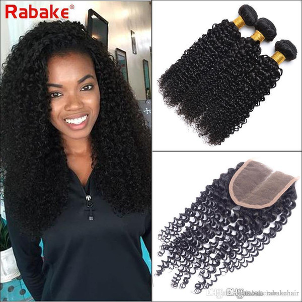 Rabake Peruvian Kinky Curly Virgin Hair Weave Bundle with Lace Closure Unprocessed Human Hair Extensions Wholesale Cheap Hair 4x4 Swiss Lace