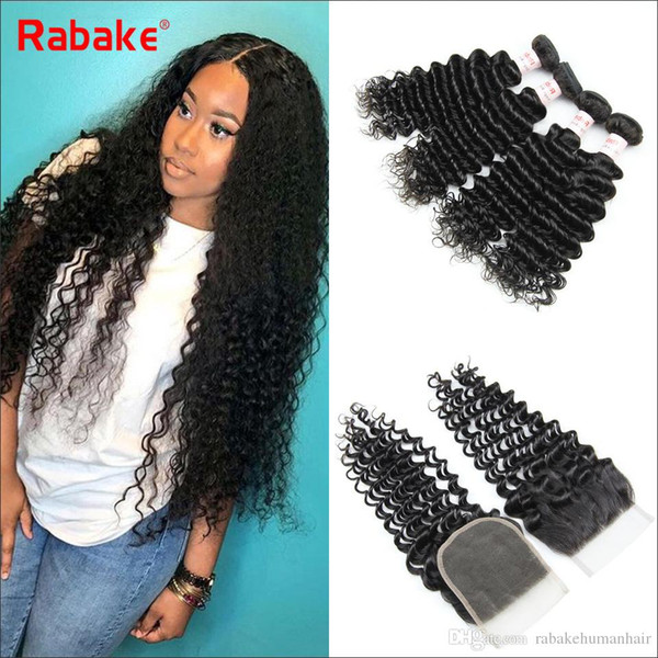 100% Unprocessed Raw Indian Human Remy Hair Bundles with 4x4 Top lace Closure Deep wave Cuticle Aligned Human Ramy Hair weaves wholesale