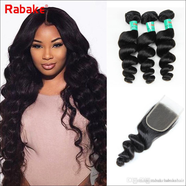 Rabake Loose Wave Brazilian Virgin Hair Weave Bundles With Top Lace Closure 4*4 Swiss Lace Best Human Hair Extensions Wholesale Cheap Price