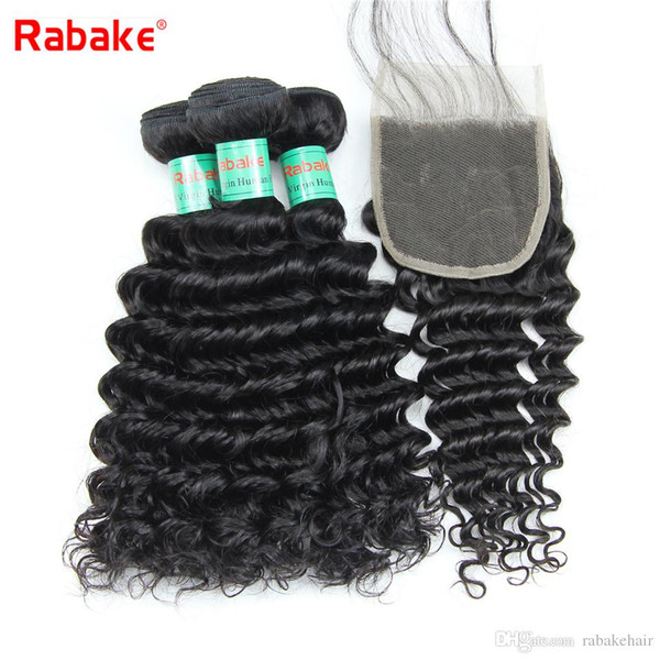 Rabake 8A Quality Brazilian Deep Wave Virgin Human Hair Weave Bundles with 4x4 Top Lace Closures Sew in Hair Weave Bundles with Closure