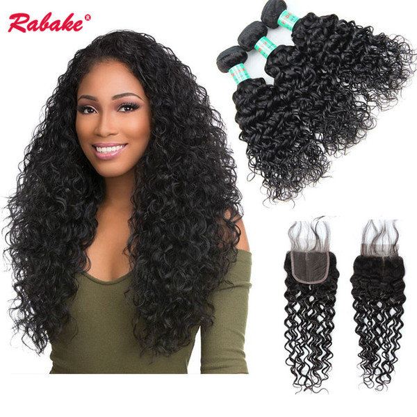 Brazilian Virgin Water Wave Human Hair 3 Bundles with Closure Rabake Unprocessed 8A Cheap Peruvian Malaysian Indian 4x4 Top Lace Closures