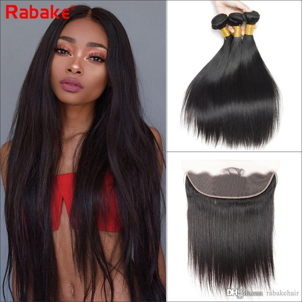 Rabake Straight Brazilian Virgin Hair Weave Bundles with Lace Frontal 100% Unprocessed Human Hair Extensions 13x4 Swiss Lace Bleached Knots