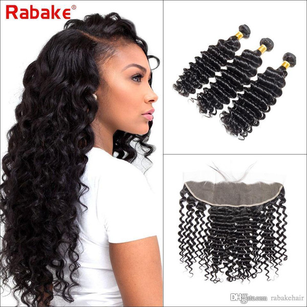 Rabake Brazilian Virgin Hair Deep Wave with lace Frontal 4Pcs Ear to Ear Lace Frontal Closure Virgin Hair 13x4 Frontal With Bundles Deals