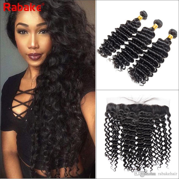 Rabake Peruvian Deep Wave Hair 3 Bundles With Lace Frontal Human Hair Bundles With Frontal Natural Color Virgin Weaves Peruvian Deep Curly