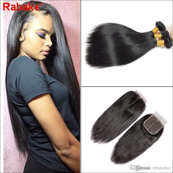 Straight Brazilian Virgin Hair Weave Bundles with Lace Closure 100% Unprocessed Human Hair Extensions 4x4 Swiss Lace Sew in Rabake Hair