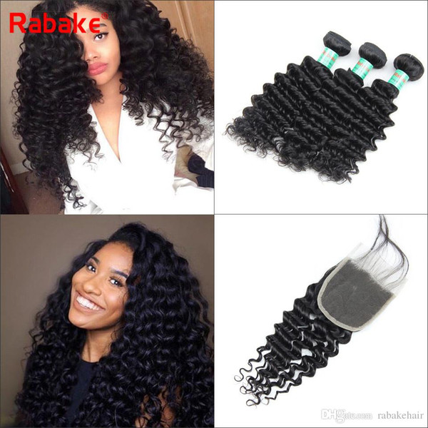 Malaysian Deep Wave Weave Hair Bundles With Closure Human Hair Weave Weft 3 Bundles With 4x4 Lace Closure 4Pcs/Lot Rabake Hair Extensions