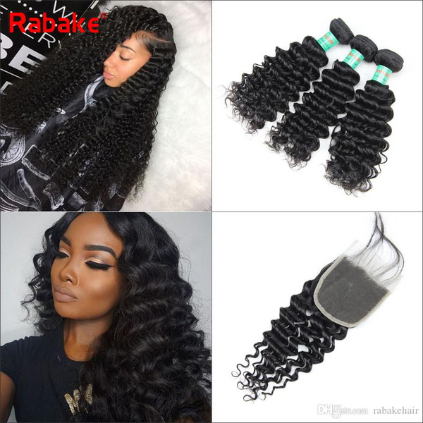 Indian Deep Wave Bundle With Closure Wholesale Cheap Human Hair Bundle With Closure Rabake Indian Hair Weave Bundle With Closure 4pcs/lot