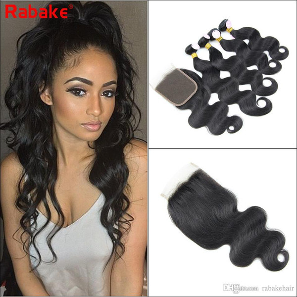 Peruvian Body Wave Virgin Hair Bundles with Closure 4 bundles body wave human hair weave extensions with 4x4 top lace closure 8A Quality