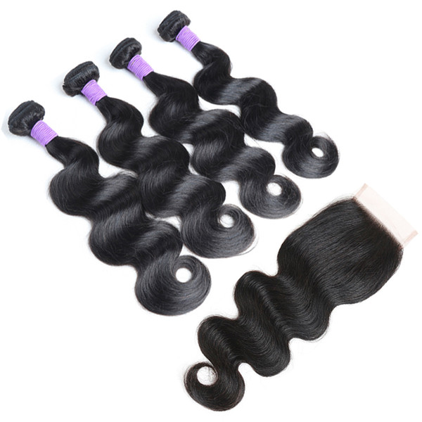 Brazilian Body Wave Human Virgin Hair Weaves With 4x4 Lace Closure Bleached Knots 100g pc Natural Black Color Double Wefts Hair Extensions