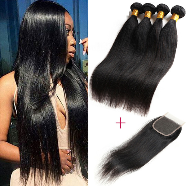 8A Brazilian Virgin Hair Straight Hair Bundles With Closure 100% Unprocessed Brazilian Straight Hair 3 Bundles with Closure Beauty Supply