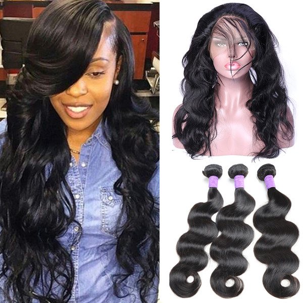 8A Body Wave Human Hair 3 Bundles Hair Wefts with Lace Closure Free Part Malaysian Virgin Hair Body Wave with 360 Lace Frontal