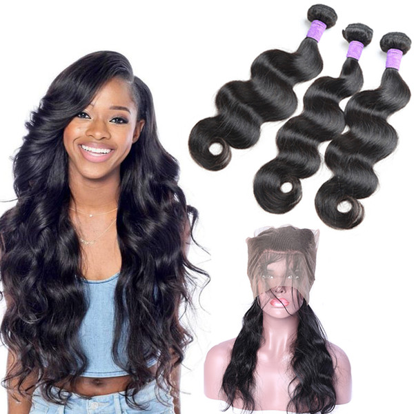 Peruvian Hair Bundles with Frontal Body Wave 3 Bundles Human Hair Weaving with 360 Lace Frontal Unprocesses Peruvian Virgin Hair Body Wave