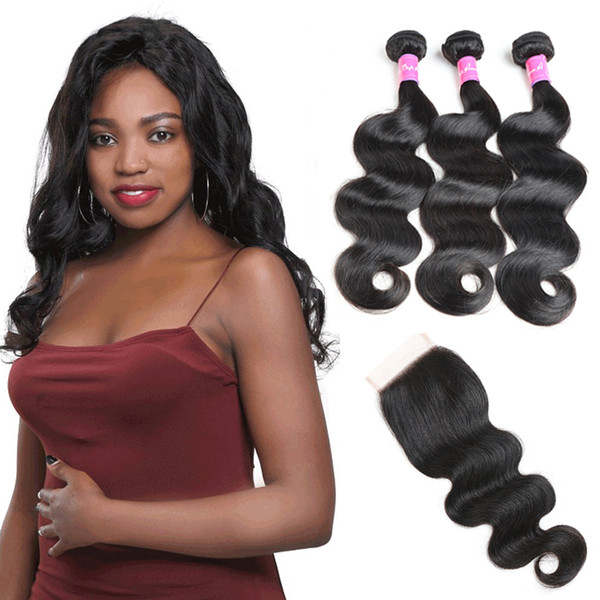 3 Bundles Peruvian Virgin Hair Body Wave with Lace Closure Natural Brown Color Brazilian Indian Malaysian Virgin Human Hair Weave