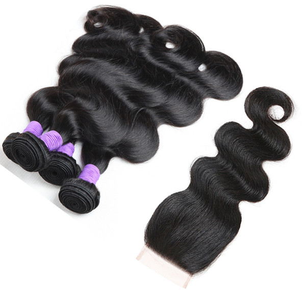 Brazilian Body Wave Human Hair 3 Bundles With Closure 4*4 Free Part Lace Closure Remy Hair Extensions Weave Wefts Wholesale Cheap