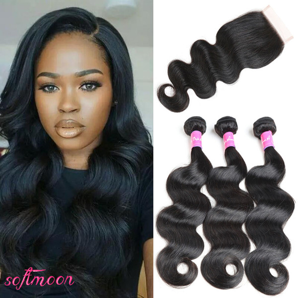 Brazilian Body Wave 3 Bundles Deals With Closure Hair Weave 100% Human Hair 8-30 Inch Non-Remy Hair Extension Machine Double Weft Natural