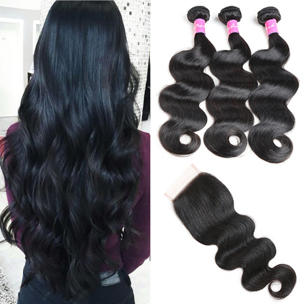 Malaysian Brazilian Body Wave 3 Bundles With Closure 100% Human Hair 8-30 Inch Non-Remy Hair Extension Machine Double Weft Natural Color