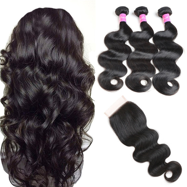 Indian Body Wave 3 Bundle Deals With Closure Hair Weave 100% Human Hair 8-30 Inch Non-Remy Hair Extension Natural Color