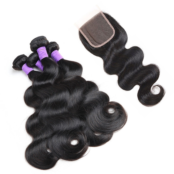 9A Malaysian Peruvian Indian Brazilian Virgin Body Wave Hair Weaves 3 OR 4 Bundles With Closure Human Hair Bundle With Lace Closure