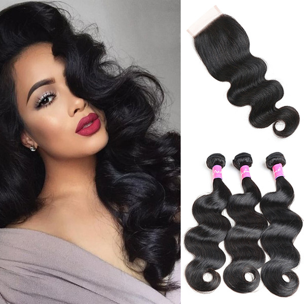 9A Human Hair Bundles With Lace Closure Best Quality Brazilian Virgin Hair 3 Bundles With Closure Body Wave With Closure