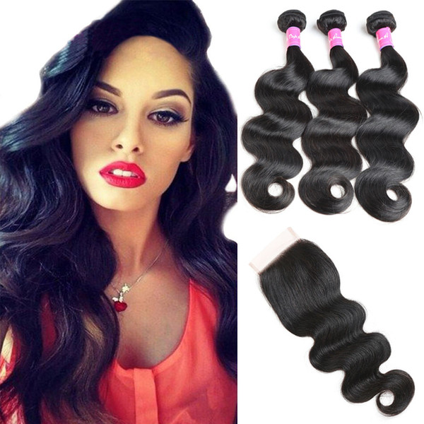 Brazilian Body Wave Bundles With Closure Human Hair 4*4 Lace Closure 3 Bundles Remy Hair 