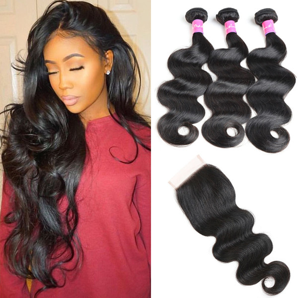 Brazilian Virgin Hair 3 Bundles With Closure Unprocessed Body Wave Human Hair Weave Extensions With Lace Closure Wholesale