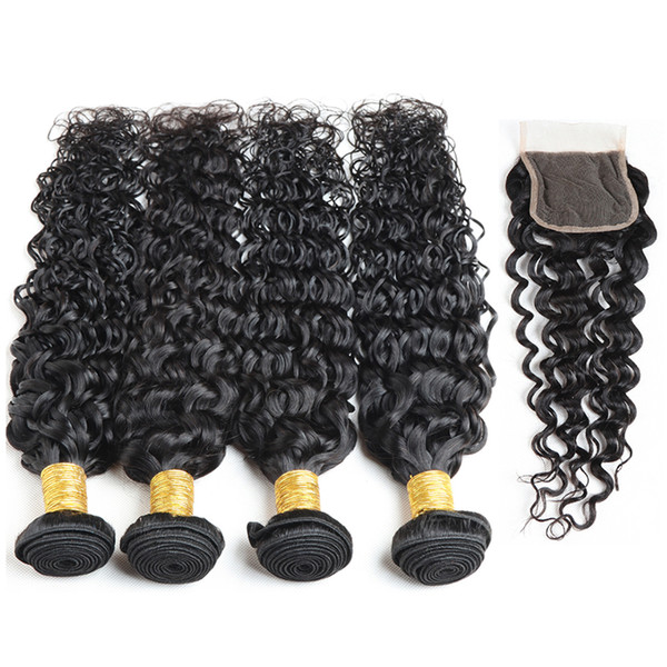 Brazilian Water Wave Human Hair Closure Natural Black 4x4 Lace Closure Free Middle Three Part Cheap 3 Bundles Water Wave Virgin Hair