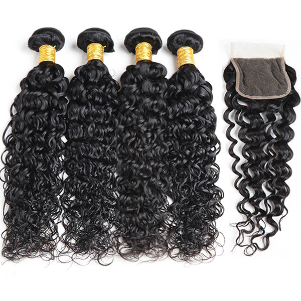 Cheap 3 Bundles Water Wave Virgin Hair With 4*4 Lace Closure Top Quality Peruvian Wavy Hair Bundle Deals Human Hair Weave Natural Color