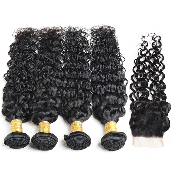 Brazilian Virgin Hair With Closure 3 Bundles Water Wave Weave With Closure Human Hair Weaves With 4x4 Lace Closure Natural Black