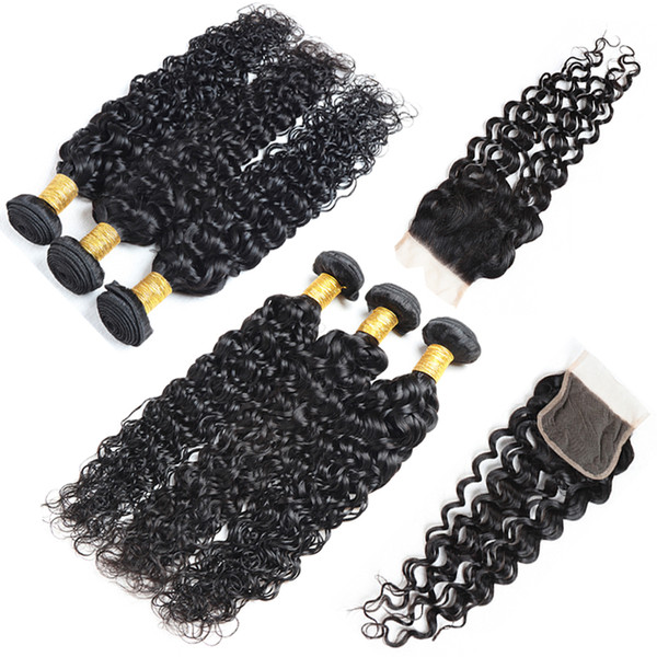 Hot Mink Brazilian Water Wave 3 Bundles With Lace Closure Brazilian Human Hair Unprocessed Brazilian Virgin Hair With 4*4 Lace Closure