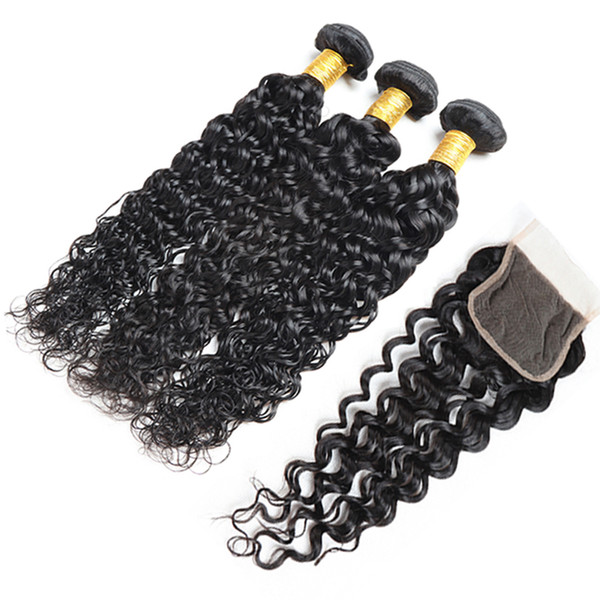 8A Water Wave With Closure Brazilian Human Hair 3 Bundles With Closure Free Middle Double Weft Human Hair Extensions Human Hair Weave