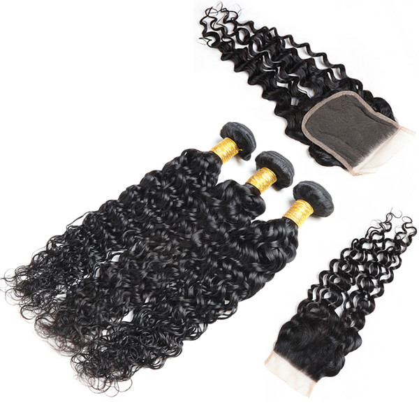 Brazilian Water Waves Closures and 3 Bundles Human Hair Weaves 8A Wet Wavy Brazilian Virgin Hair with Lace Closure Free Middle Three Part