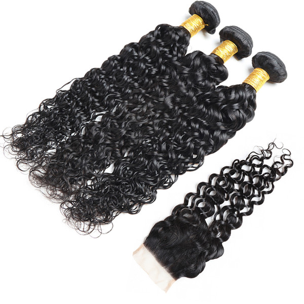 Brazilian Virgin Hair Water Wave With Closure Wet And Wavy Human Hair 4*4 Lace Closure With Bundles Brazilian Natural Color