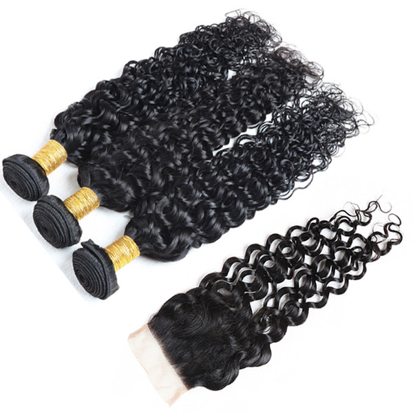 Peruvian Virgin Hair With Lace Closure 4*4 Free Middle Three Part Lace Closure With Bundles Wet Wavy Human Hair Water Wave Hair Extensions