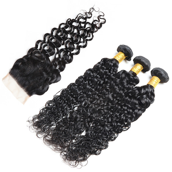 Best Quality Brazilian Water Wave Bundles Natural Color Wet And Wavy Human Hair Water Wave 4*4 Lace Closure With Free Middle Three Part