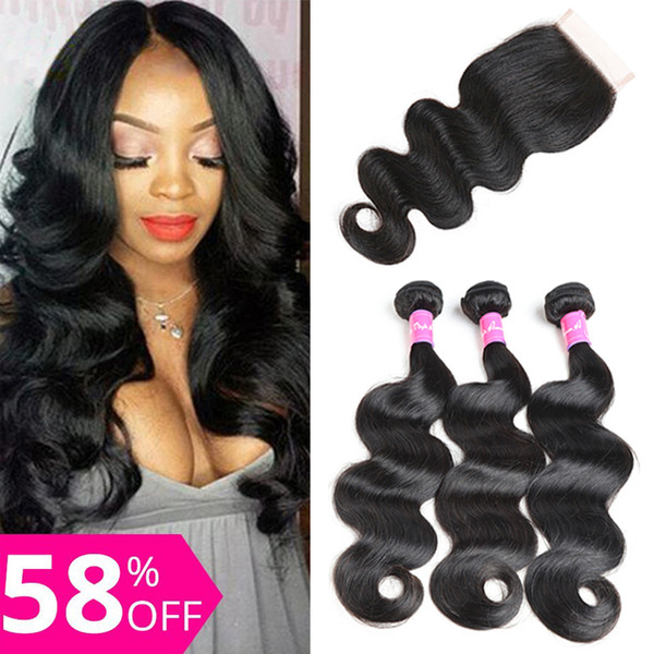 Brazilian Virgin Human Hair Body Wave With Closure 3 Bundles With 4x4 Lacel Closure Body Weaves Closure Unprocessed Natural Color