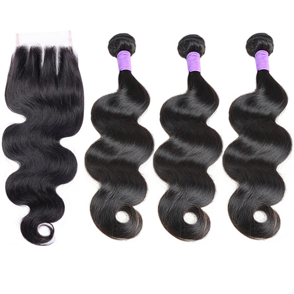 Brazilian Virgin Hair Body Wave 3 Bundles With 4X4 Lace Closure Unprocessed Body Wave Human Hair Weaves Closure With 3Pcs Natural Color