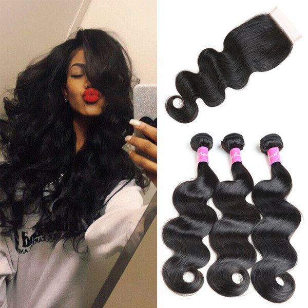 Brazilian Body wave 3 Bundle Deals with Closure Hair Weave 100% Human Hair 8-30 Inch Non-Remy Hair Extension Machine Double Weft Natural