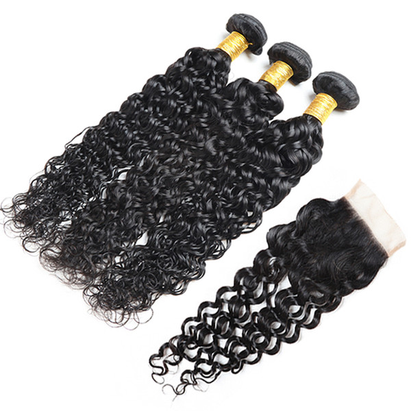 Brazilian Virgin Hair Lace Closure With Bundles 8A Brazilian Human Hair Weave Bundles Wet and Wavy Water Wave 3 Bundles with Closure