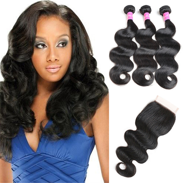 8A Brazilian Virgin Hair with closure Extensions 3 Bundles Brazilian Body Wave With 4x4 Lace Closure Unprocessed Human Hair Weave