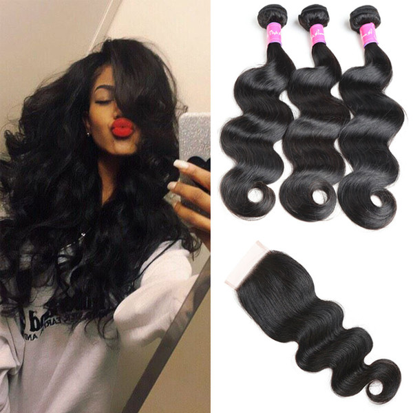 Malaysian Virgin Hair Body Wave 4 Bundles With 4x4 Closure Unprocessed 8A Malaysian Virgin Human Hair Bundles with Lace Closure Body Wave