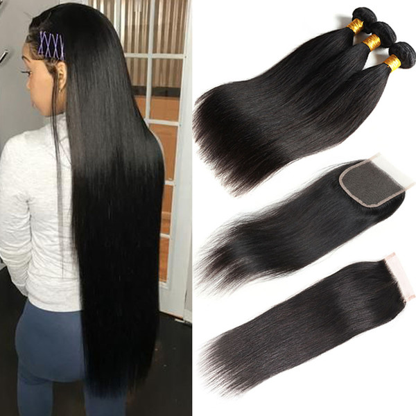 8A Peruvian Hair Bundles with Closure Straight Virgin Human Hair Bundles with Lace Closure Unprocessed Peruvian Straight Hair with Closure