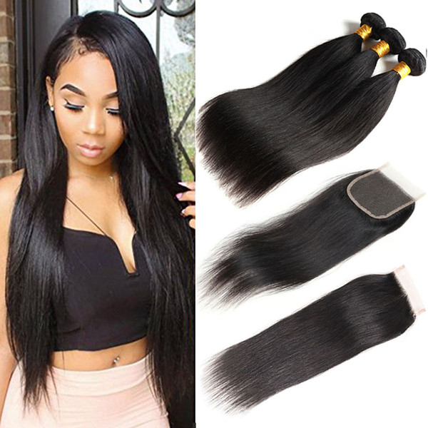 8A Brazilian Virgin Hair with Closure Straight Human Hair Weaves Bundles with 4x4 Lace Closure Unprocessed Virgin Remy Human Hair Extensions