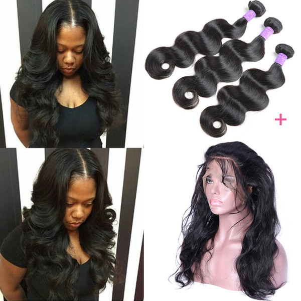 8A Grade Brazilian Virgin Hair Bundles Body Wave with 360 Lace Frontal with Baby Hair 3 Bundles Human Hair Extensions with Lace Frontal