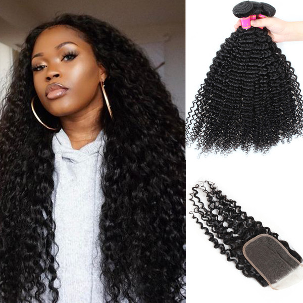 Softmoon Hair Virgin Peruvian Curly Wave Bundles With Closure Free Part Lace Closure Human Hair Extensions Remy Hair Wefts With Closure