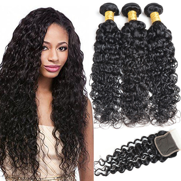 Brazilian Virgin Hair Bundles with Lace Closure Water Wave Remy Human Hair Extensions Wet and Wavy Lace Closure 130% Density Free Part