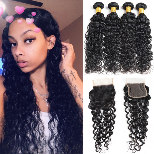 Peruvian Human Hair Bundles with Closure Water Wave Remy Human Hair Weaves Grade 7A Unprocessed Peruvian Virgin Hair Weft with Closure