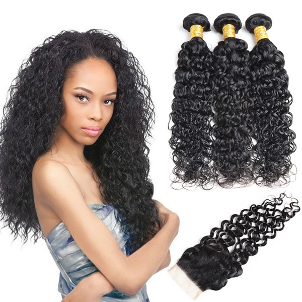 8A Brazilian Virgin Hair Bundles with Closure Water Wave 3 Bundles With Closure Free Part Wet and Wavy Virgin Human Hair Weaves HairProduct