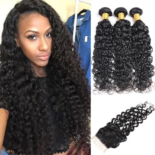 3 Bundles With Closure Wet and Wavy Human Hair Weaves Malaysian Virgin Hair Bundles with Closure Free Part Water Wave Virgin Hair Products