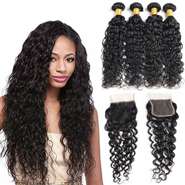 Wet and Wavy Human Hair Bundle with Lace Closure Malaysian Virgin Hair 4 Bundles With Closure Remy Human Hair Weaves Water Wave Wholesale