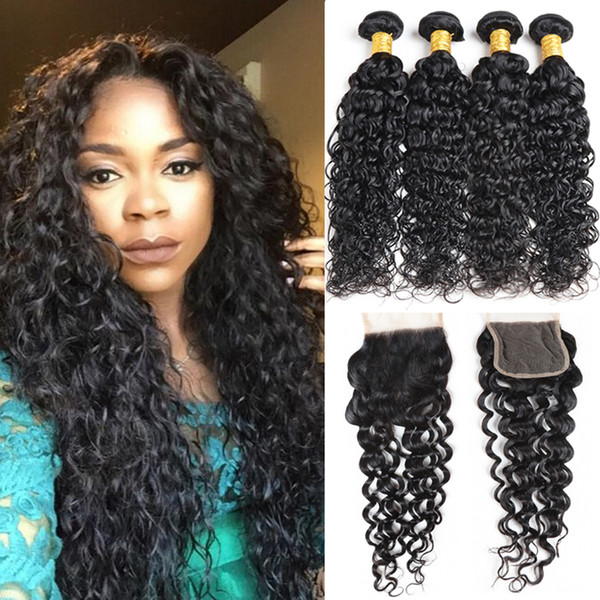 Malaysian Hair Bundles With Closure Water Wave Remy Human Hair Weave Unprocessed Virgin Human Hair Bundle Lace Closure 4 Bundle With Closure